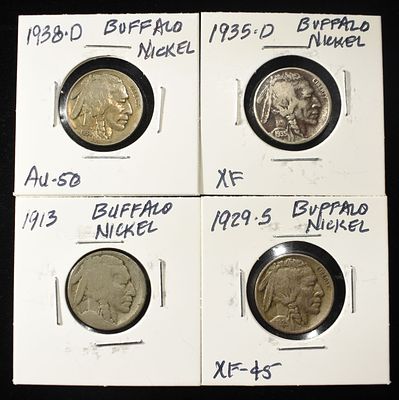 1913, 1929-S, 1935-D, & 1938-D BUFFALO NICKELS. BID WITH SILVER CITY AUCTIONS ESTIMATE $75 - $100.