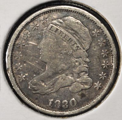 1830 LIBERTY CAP DIME. BID WITH SILVER CITY AUCTIONS ESTIMATE $200 - $250.