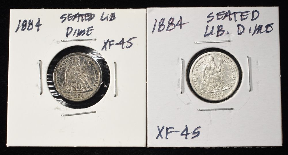 (2) 1884 SEATED LIBERTY DIMES. LEADERS IN ON-LINE AUCTIONS ESTIMATE $120 - $160.