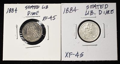 (2) 1884 SEATED LIBERTY DIMES. LEADERS IN ON-LINE AUCTIONS ESTIMATE $120 - $160.