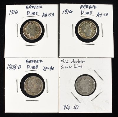 1908-D, 1912, & (2) 1916 BARBER DIMES. BID WITH SILVER CITY AUCTIONS ESTIMATE $180 - $220.