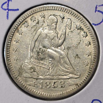 1853 LIBERTY SEATED QUARTER WITH ARROWS AND RAYS. WEEKLY COIN & CURRENCY AUCTIONS ESTIMATE $400 
