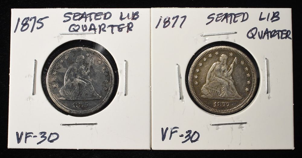 1875 & 1877 LIBERTY SEATED QUARTERS. LEADERS IN ON-LINE AUCTIONS ESTIMATE $100 - $150.