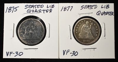 1875 & 1877 LIBERTY SEATED QUARTERS. LEADERS IN ON-LINE AUCTIONS ESTIMATE $100 - $150.