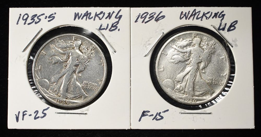 1935-S & 1936 WALKING LIBERTY HALF DOLLARS. BID WITH SILVER CITY AUCTIONS ESTIMATE $90 - $130.