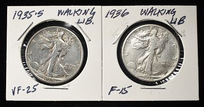 1935-S & 1936 WALKING LIBERTY HALF DOLLARS. BID WITH SILVER CITY AUCTIONS ESTIMATE $90 - $130.