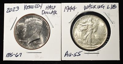 2023-P KENNEDY & 1944 WALKING LIBERTY 50C. CHECK OUT OUR UPCOMING AUCTIONS ESTIMATE $70 - $90.