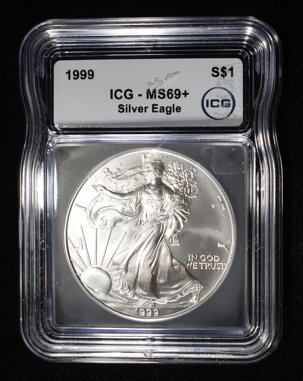 1999 AMERICAN SILVER EAGLE ICG MS69+. BID WITH SILVER CITY AUCTIONS ESTIMATE $150 - $200.