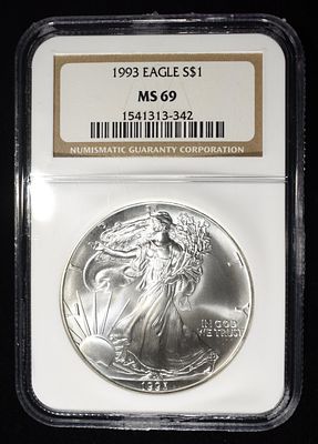1993 AMERICAN SILVER EAGLE NGC MS69. BID WITH SILVER CITY AUCTIONS ESTIMATE $100 - $150.