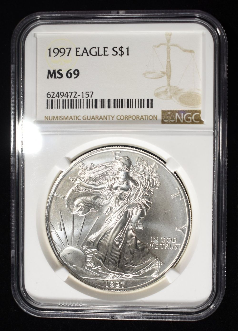 1997 AMERICAN SILVER EAGLE NGC MS69. LEADERS IN ON-LINE AUCTIONS ESTIMATE $100 - $150.