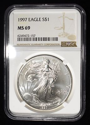 1997 AMERICAN SILVER EAGLE NGC MS69. LEADERS IN ON-LINE AUCTIONS ESTIMATE $100 - $150.