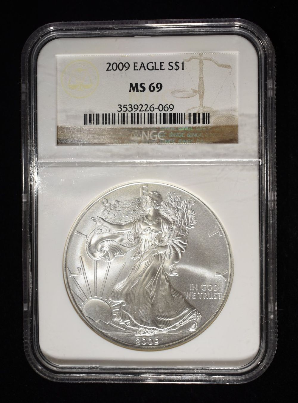 2009 AMERICAN SILVER EAGLE NGC MS69. BID WITH SILVER CITY AUCTIONS ESTIMATE $110 - $160.