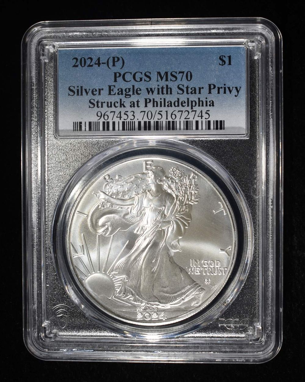 2024-P AMERICAN SILVER EAGLE PCGS MS70. STAR PRIVY ESTIMATE $300 - $400.