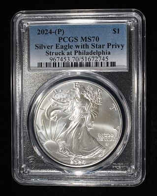 2024-P AMERICAN SILVER EAGLE PCGS MS70. STAR PRIVY ESTIMATE $300 - $400.