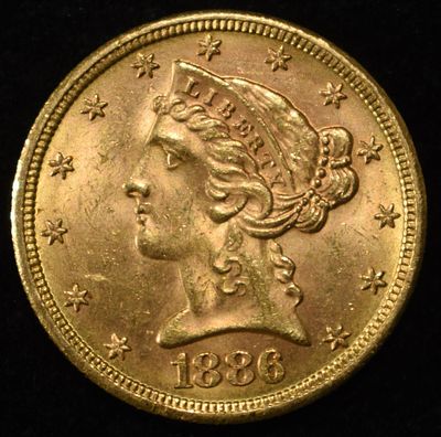 1886-S LIBERTY GOLD $5. CHECK OUT OUR UPCOMING AUCTIONS ESTIMATE $1400 - $1900.