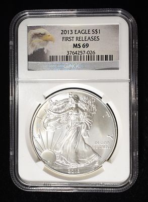 2013 AMERICAN SILVER EAGLE NGC MS69. BID WITH SILVER CITY AUCTIONS ESTIMATE $120 - $170.