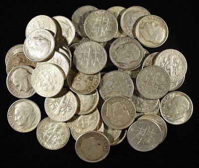 (50) 90% SILVER ROOSEVELT DIMES. CHECK OUT OUR UPCOMING AUCTIONS ESTIMATE $380 - $430.
