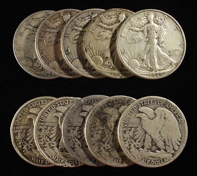 (10) 90% SILVER WALKING LIBERTY HALF DOLLARS. BID WITH SILVER CITY AUCTIONS ESTIMATE $420 - $470.