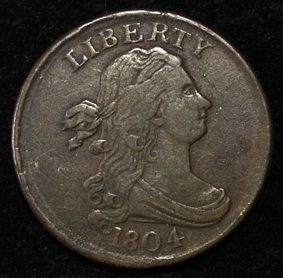 1804 DRAPED BUST HALF CENT. CHECK OUT OUR UPCOMING AUCTIONS ESTIMATE $250 - $300.