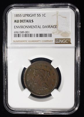 1855 UPRIGHT 55 LARGE CNT NGC AU DETAILS. ENVIRONMENTAL DAMAGE TOP RATED AUCTION HOUSE ESTIMATE 