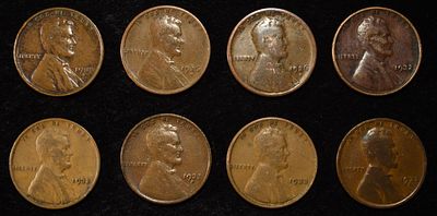 8 NICE EARLY SEMIKEY WHEAT CENTS. (2) 26-D, (2) 32-P, 32-D, 33-P & (2) 33-D ESTIMATE $60 - $80.