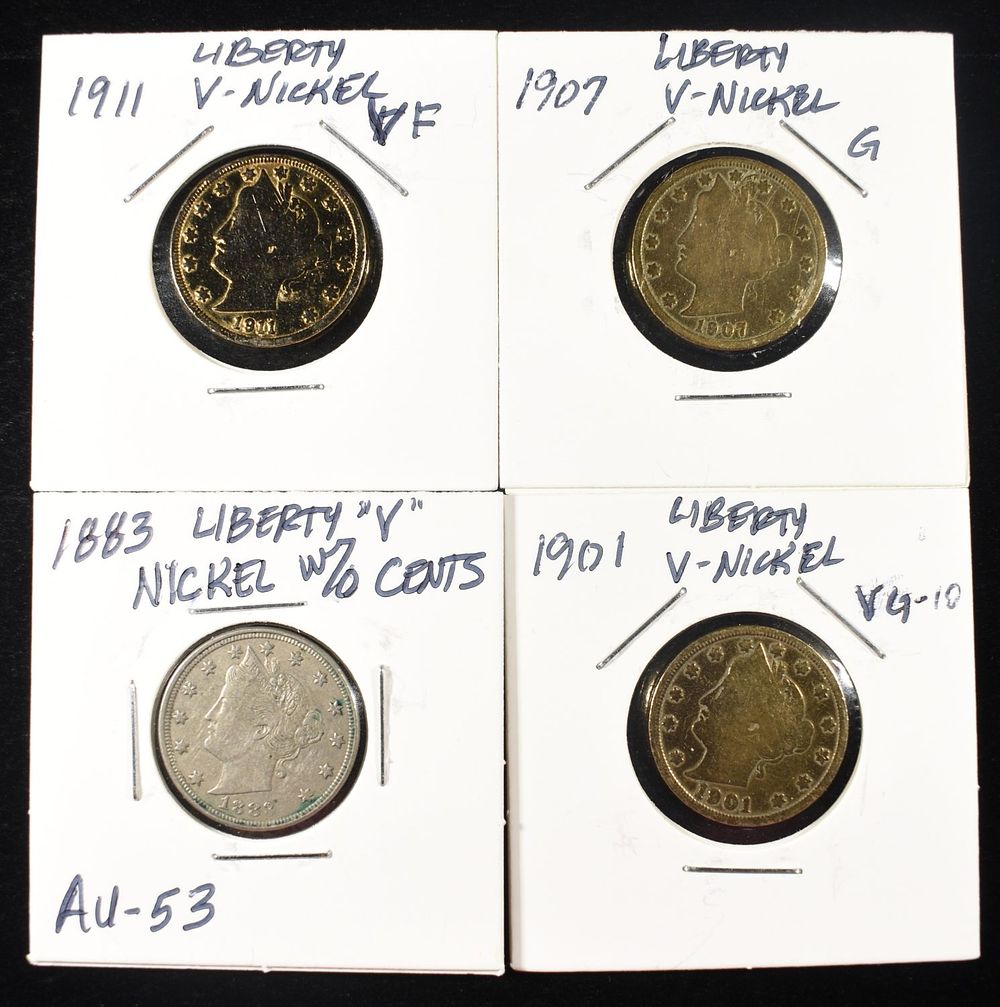1883, 1901, 07 & 11 'V' NICKELS. 1901 , 1907 & 1911 'V' NICKELS GOLD PLATED ESTIMATE $60 - $80.