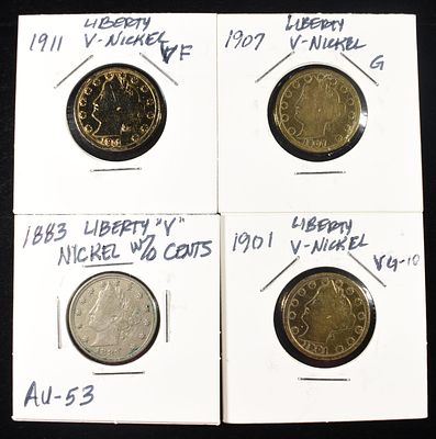 1883, 1901, 07 & 11 'V' NICKELS. 1901 , 1907 & 1911 'V' NICKELS GOLD PLATED ESTIMATE $60 - $80.