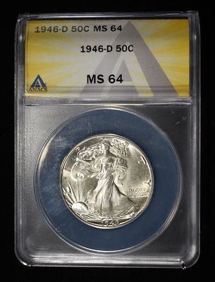 1946-D WALKING LIBERTY HALF DOLLAR ANACS MS-64. BID WITH SILVER CITY AUCTIONS ESTIMATE $80 - $100.