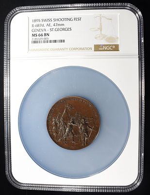 1895 SWISS SHOOTING FEST GENEVA NGC MS-66 BN. R-687d COPPER, GENEVA-ST.GEORGES TOP POP NONE 
