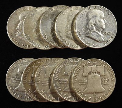 (10) 90% SILVER FRANKLIN HALF DOLLARS. WEEKLY COIN & CURRENCY AUCTIONS ESTIMATE $420 - $470.