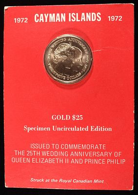 1972 CAYMAN ISLANDS $25 GOLD. CHECK OUT OUR UPCOMING AUCTIONS ESTIMATE $1300 - $1500.