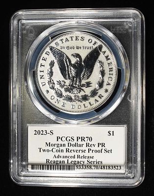 2023-S MORGAN DOLLAR PCGS REV PR70. ADVANCED RELEASE REAGAN LEGACY SERIES WEEKLY COIN & CURRENCY 