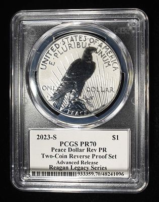 2023-S PEACE DOLLAR PCGS REV PR 70. ADVANCED RELEASE REAGAN LEGACY SERIES BID WITH SILVER CITY 