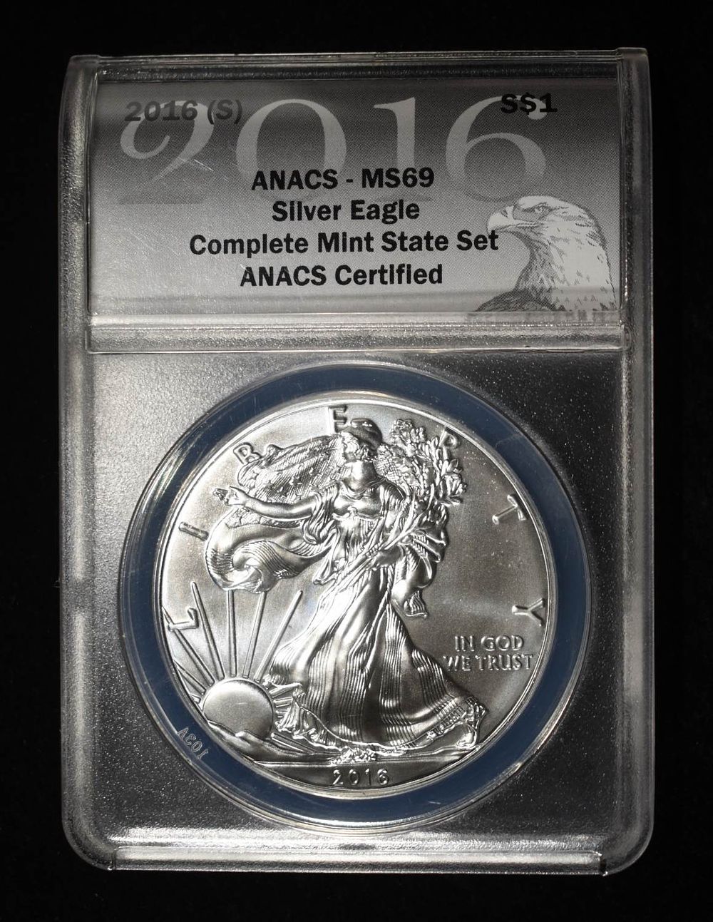2016 (S) AMERICAN SILVER EAGLE ANACS MS69. WEEKLY COIN & CURRENCY AUCTIONS ESTIMATE $120 - $170.