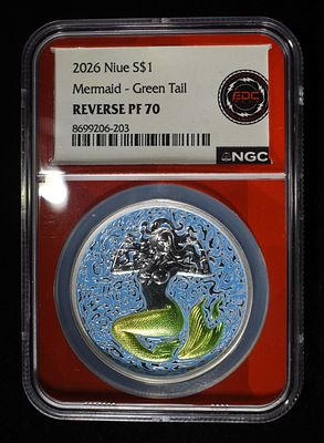 2026 NIUE 1OZ SILVER MERMAID GREEN NGC REV PF-70. LEADERS IN ON-LINE AUCTIONS ESTIMATE $180 - $220.