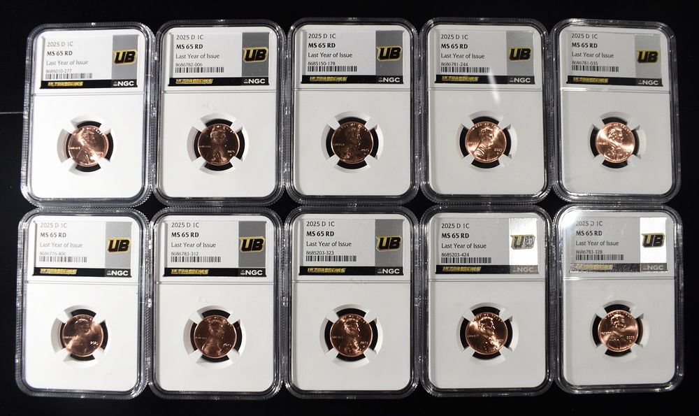 (10) 2025-D SHIELD CENTS NGC MS65RD. LAST YEAR OF ISSUE TOP RATED AUCTION HOUSE ESTIMATE $100 - $150.