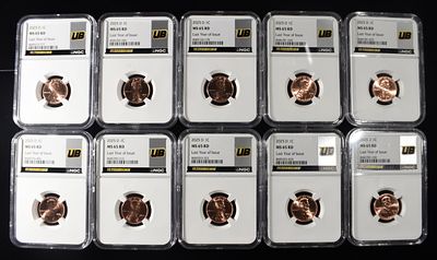 (10) 2025-D SHIELD CENTS NGC MS65RD. LAST YEAR OF ISSUE TOP RATED AUCTION HOUSE ESTIMATE $100 - $150.