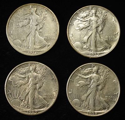 1936, 37, 38, 39 WALKING LIBERTY HALF DOLLARS. TOP RATED AUCTION HOUSE ESTIMATE $130 - $150.