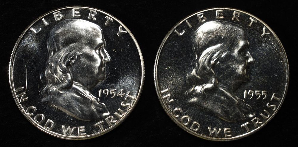 1954 & 1955 FRANKLIN HALF DOLLARS CH PROOF. WEEKLY COIN & CURRENCY AUCTIONS ESTIMATE $80 - $100.