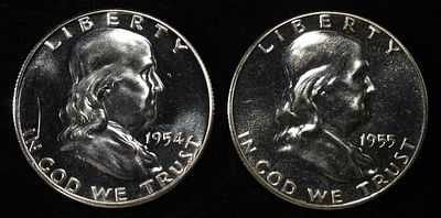 1954 & 1955 FRANKLIN HALF DOLLARS CH PROOF. WEEKLY COIN & CURRENCY AUCTIONS ESTIMATE $80 - $100.