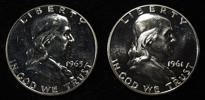 1961 & 1963 FRANKLIN HALF DOLLARS CH PROOF. LEADERS IN ON-LINE AUCTIONS ESTIMATE $80 - $100.