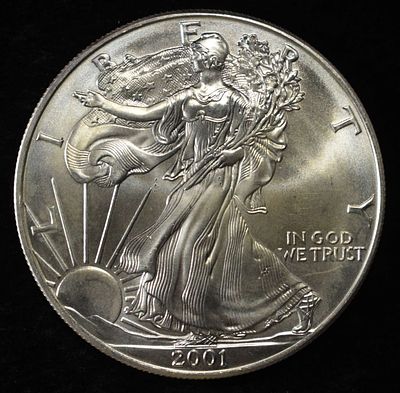 2001 AMERICAN SILVER EAGLE. LEADERS IN ON-LINE AUCTIONS ESTIMATE $110 - $160.