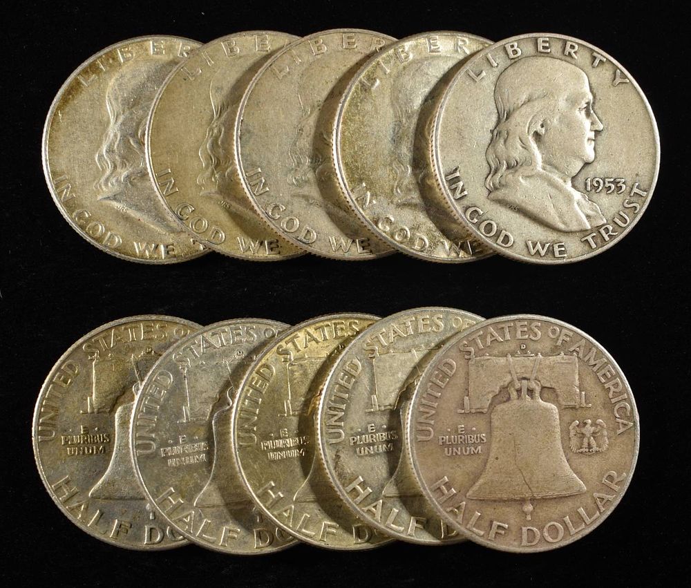 (10) 90% SILVER FRANKLIN HALF DOLLARS. LEADERS IN ON-LINE AUCTIONS ESTIMATE $420 - $470.
