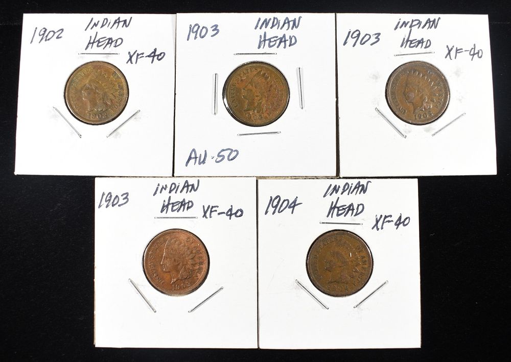 (5) INDIAN CENTS. WEEKLY COIN & CURRENCY AUCTIONS ESTIMATE $60 - $80.