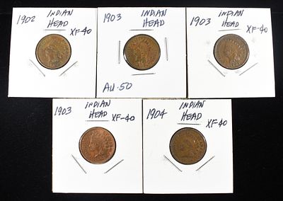 (5) INDIAN CENTS. WEEKLY COIN & CURRENCY AUCTIONS ESTIMATE $60 - $80.
