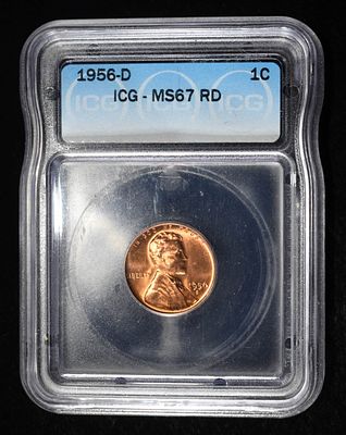 1956-D WHEAT CENT ICG MS67RD. LEADERS IN ON-LINE AUCTIONS ESTIMATE $500 - $550.