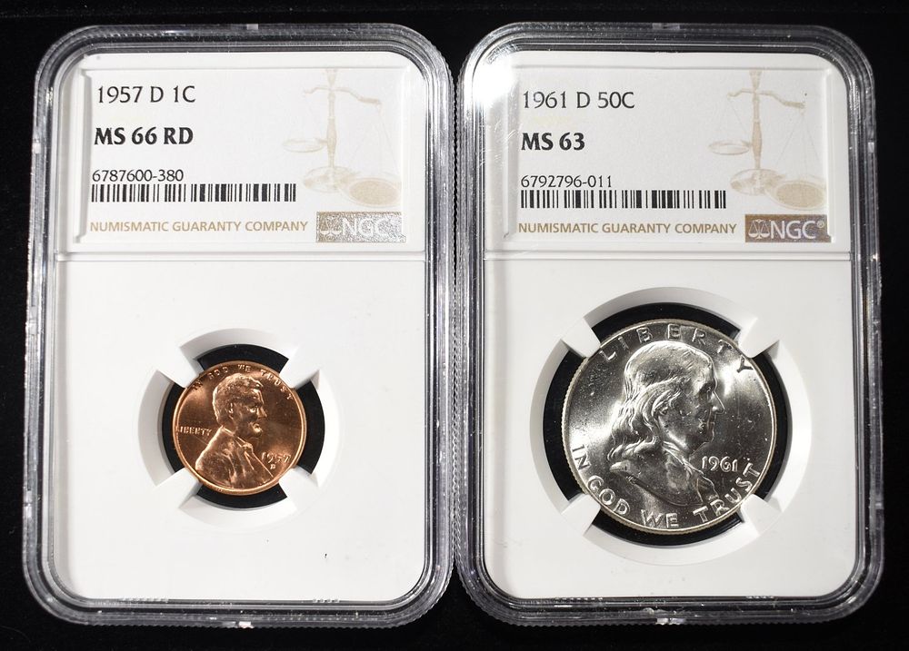CENT & HALF DOLLAR NGC GRADED COINS. 1957-D WHEAT CENT NGC MS66RD & 1961-D FRANKLIN HALF DOLLAR 