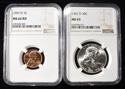 CENT & HALF DOLLAR NGC GRADED COINS. 1957-D WHEAT CENT NGC MS66RD & 1961-D FRANKLIN HALF DOLLAR 
