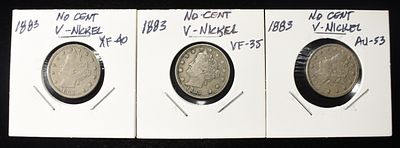 (3) 1883 'V' NICKELS NO CENTS. BID WITH SILVER CITY AUCTIONS ESTIMATE $60 - $80.