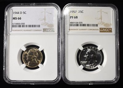 QUARTER & NICKEL NGC GRADED COINS. 1957 WASHINGTON QUARTER NGC PF68 & 1944-D JEFFERSON NICKEL 